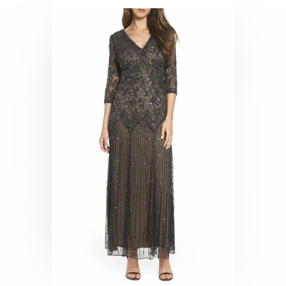 Pisarro Nights Elegant Black Beaded Mesh Evening Dress New With Tags